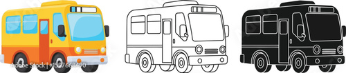Cartoon bus vector illustration, yellow bus, black and white bus, bus design, bus outline, bus art
