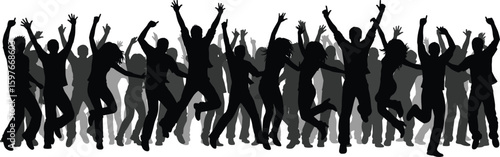 Silhouettes of energetic dancing crowd at party, joyful celebration, people jumping, raised hands, festive mood, fun atmosphere on white