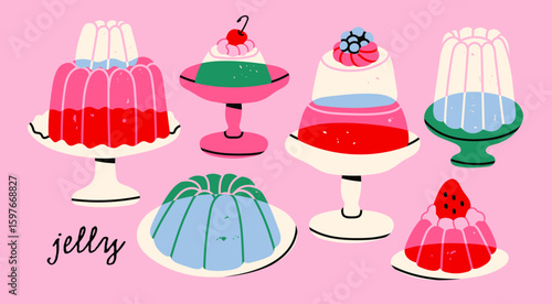 Jelly cake set. Various colorful desserts with fruit on plates. Jellies, candy, juicy food, pudding concept. Unique trendy style. Hand drawn modern Vector illustration. Isolated design elements