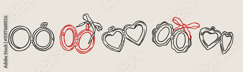 Various lockets set. Heart, round, lacy shapes. Trendy outline style. Locket pendant with ribbon. Hand drawn modern Vector illustration. Isolated design elements. Jewelry, accessories concept