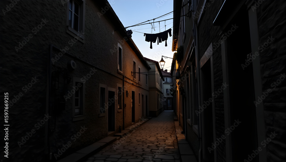 Obraz premium University Building Narrow stone pathway between two vintage dormitories, clothesline strung above and lamps glowing at dusk. (3).jpg