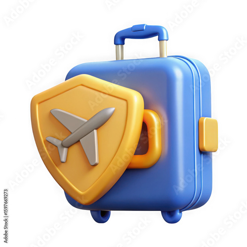 Blue travel suitcase with airplane shield for travel insurance isolated on transparent background