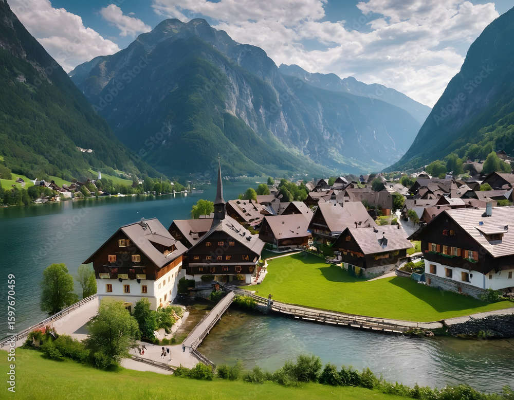 Fototapeta premium small village on the lake, Hallstatt village in Austria. Beautiful village in the mountain valley near the lake. Mountains, landscape, and old town. Travel