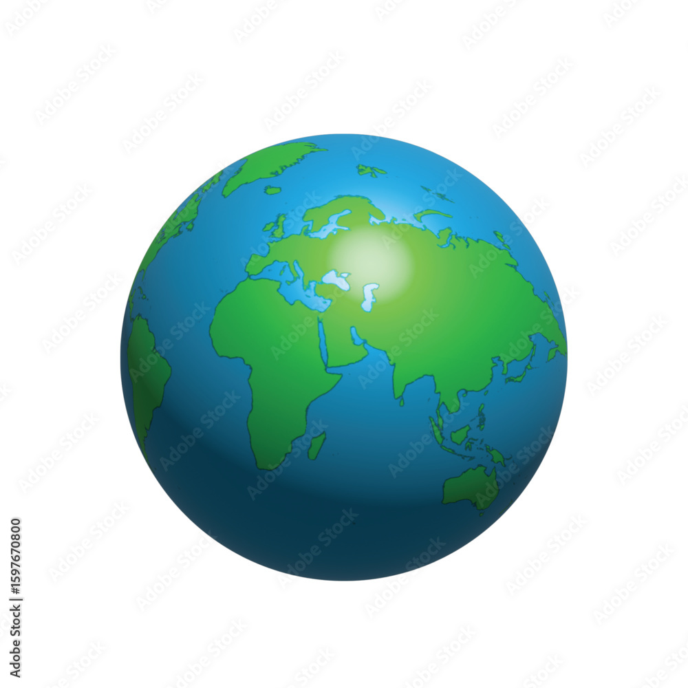 Stylized Earth globe vector illustration focused on Europe and Asia, a clean planetary sphere icon for global business and travel concepts. Stylized Earth globe vector illustration focused on Europe and Asia, a clean planetary sphere icon for global business and travel concepts.