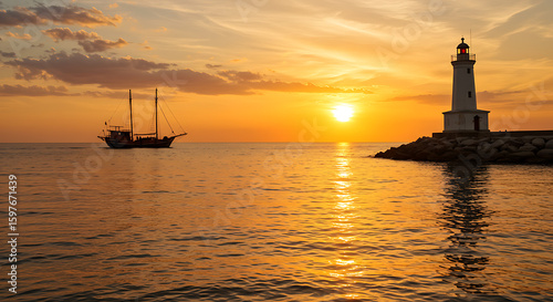 Wallpaper Mural A peaceful seaside sunset with warm golden-orange tones. A traditional wooden boat sails slowly near the horizon. Nearby, stands a classic lighthouse overlooking the ocean Torontodigital.ca