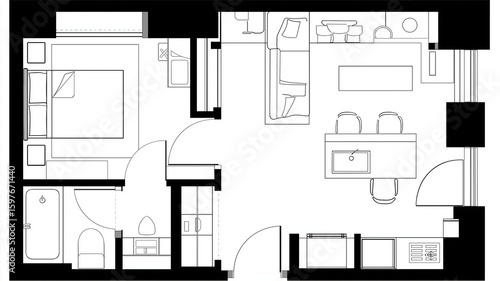 Minimalistic black and white floor plan of small apartment showcases bedroom, bathroom, kitchen, and living area with efficient use of space
