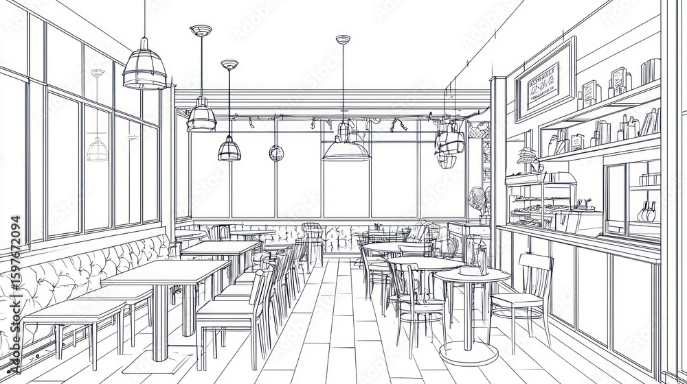 Fototapeta premium Interior design sketch of a cafe or restaurant.
