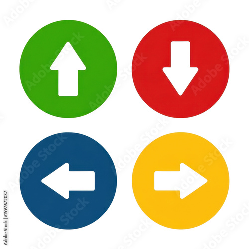 Free Download Set of 4 flat design vector arrow icons in colorful circles: up, down, left, and right directions for web navigation and user interface elements - GFXLoad