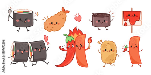 Korean snack food character illustration set. Tteokbokki, fried food, sundae, kimbap.