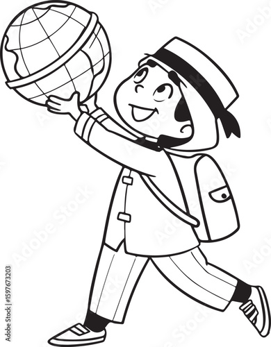 Vector drawing of a young schoolgirl presenting the world globe, perfect for learning content and children’s designs.