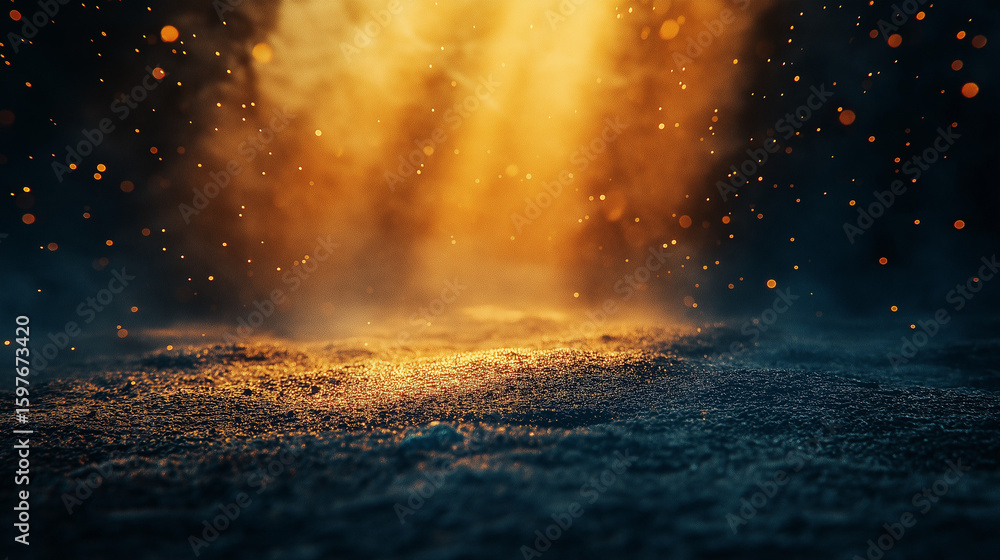 Naklejka premium Mysterious golden light beam illuminates a dark textured ground with floating particles