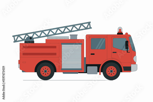 Illustration of a Fire Engine with Ladder and Details on a White Background Ideal for Children and Educational Materials
