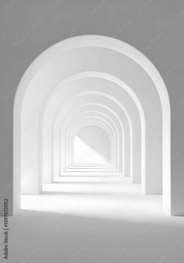 Fototapeta premium Minimalist White Arches Tunnel: A Clean, Modern Architectural Perspective with Bright Light