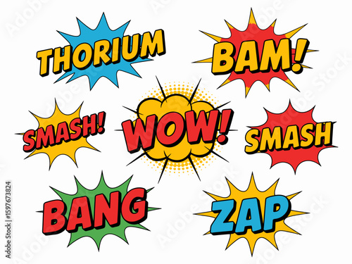 Colorful Comic Book Style Explosion Sound Effects Set for Graphic Design and Creative Projects