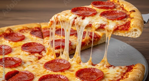  single, perfect slice of pepperoni pizza being lifted from the whole pie. A long, dramatic 