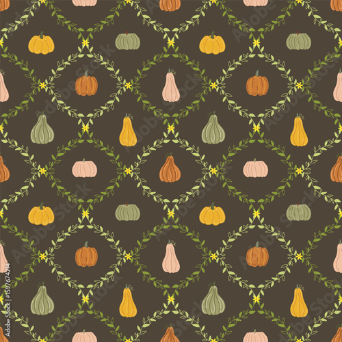 Autumn seamless diamond pattern with various pumpkins and gourd vegetables on a dark background. Fall harvest season design for fabric. Vector illustration