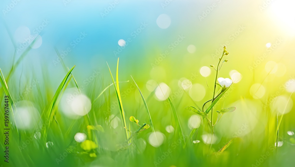 Obraz premium Ethereal Green Grass Blades and Delicate White Flower with Soft Bokeh and Vibrant Light Gradient