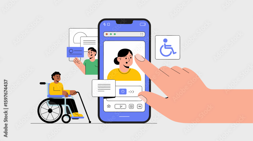 Fototapeta premium hand interacting with accessible user interface on smartphone vector illustration, digital inclusion, accessible design and assistive technology