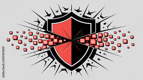 shattered security shield leaking data blocks vector illustration, a security failure, data breach and cybersecurity vulnerability