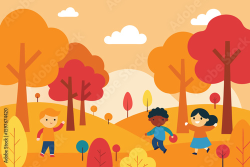 Autumn Kids Playing in Park Illustration: Fall Season, Trees, Leaves, Children, Cartoon Vector Art, Outdoor Activity, Nature Scene