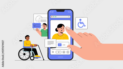 hand interacting with accessible user interface on smartphone vector illustration, digital inclusion, accessible design and assistive technology