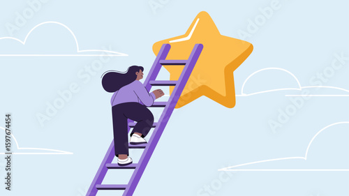 ambitious woman climbing a ladder towards a star vector illustration, achieving goals, career advancement and the ladder of success