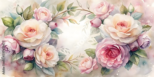 Elegant watercolor painting of a bouquet of soft pink and cream roses with delicate green leaves and a light, airy background, perfect for invitations or romantic themes.