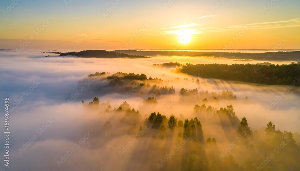 Fototapeta premium Sunrise over a misty forest
