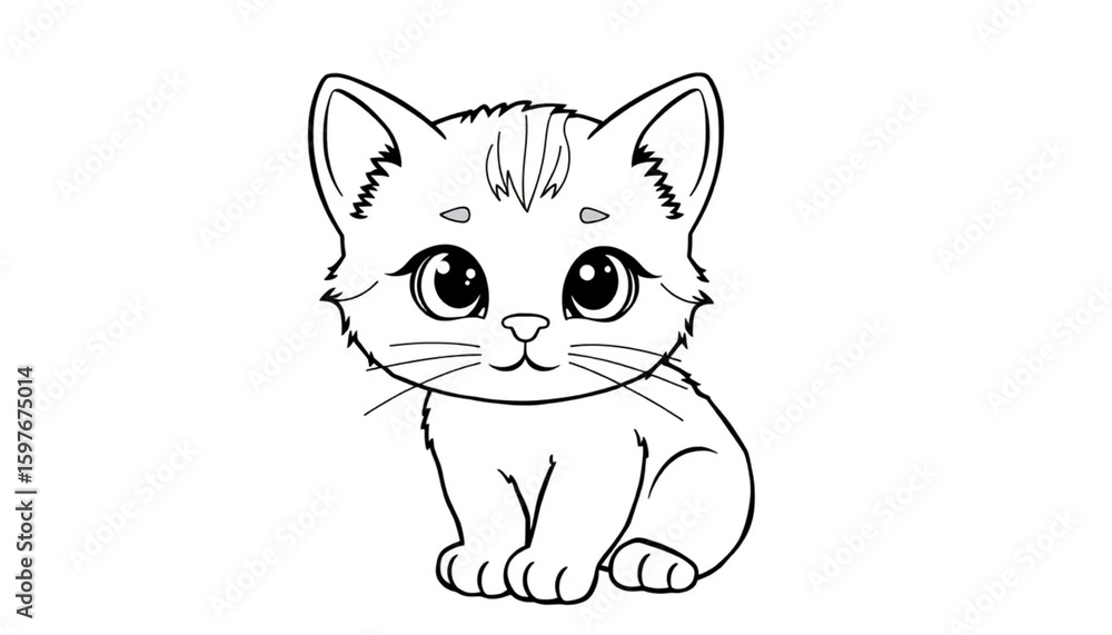Obraz premium Cute cartoon kitten illustration, outline drawing, adorable cat, white background