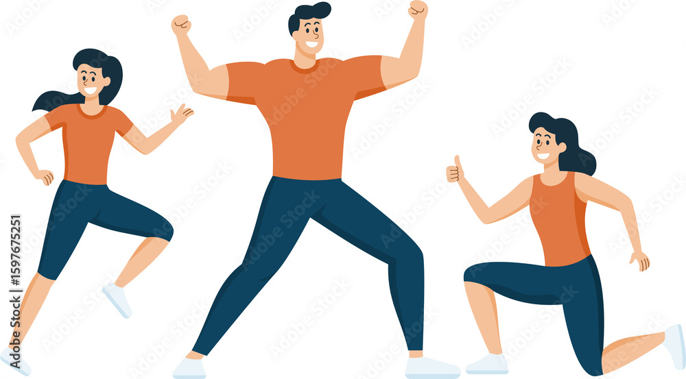 Happy People Exercise, Healthy Lifestyle, Flat Design Cartoon Happy People Exercise, Healthy Lifestyle, Flat Design Cartoon