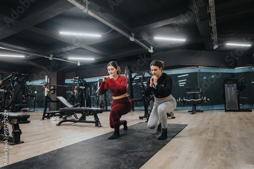 Women engaging in fitness activities on mats within a fully equipped gym interior, depicting teamwork, focus, and a healthy lifestyle.
