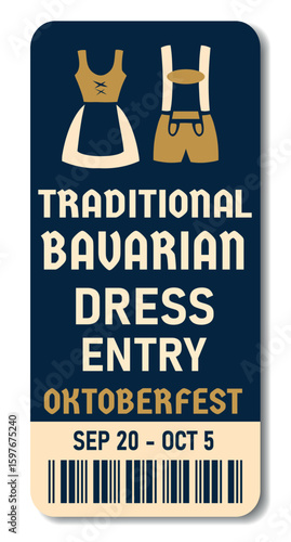 Oktoberfest Event Ticket with Bavarian Costumes. Dirndl and Lederhosen Icons. Great for traditional festivals, costume events, posters, events, fairs, pubs and theme parties