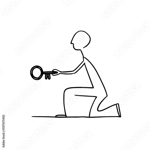 Stick figure kneeling and offering a key in a minimalist black and white line drawing illustration