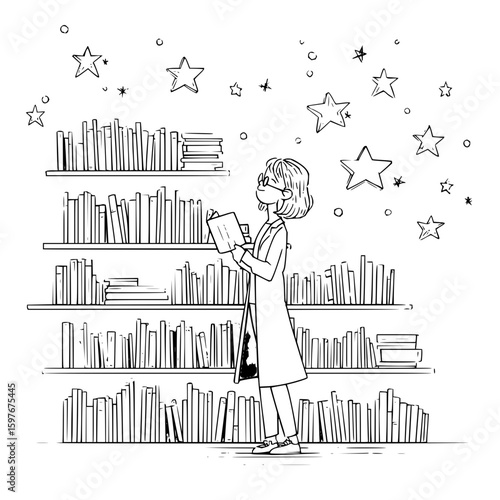 Illustration of a woman reading a book in a library with bookshelves and floating stars around her
