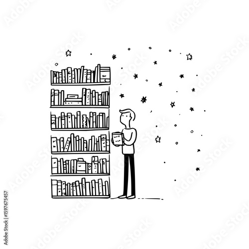 Illustration of a person standing next to a bookshelf holding a book with stars in the background