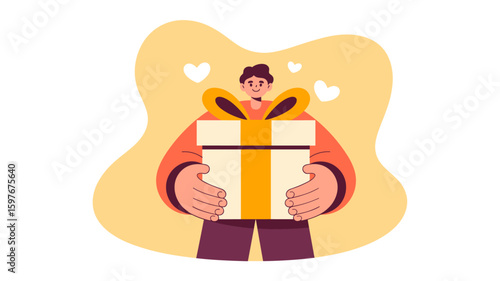 generous man holding a large gift box with hearts vector illustration, expressing heartfelt gratitude, showing appreciation, and charitable giving