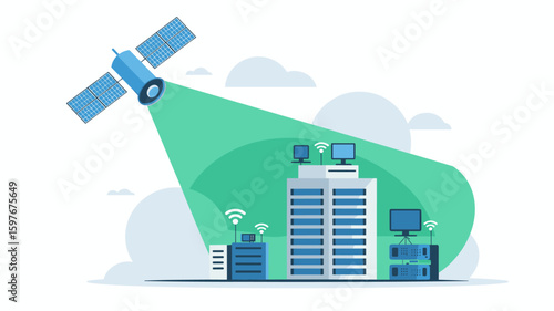 satellite transmitting signal to smart city buildings vector illustration, business and enterprise connectivity, satellite internet service and global communication network