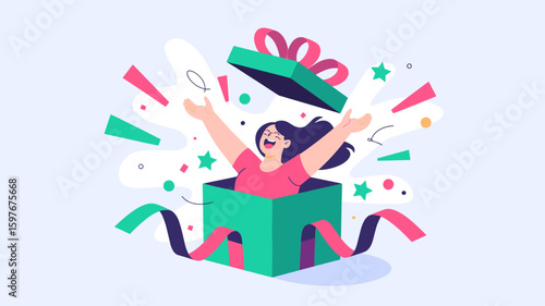 joyful woman popping out of a gift box with confetti vector illustration, a birthday surprise, special present and unboxing celebration
