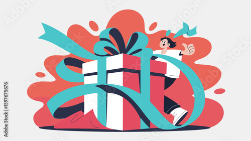 happy customer with gift box giving thumbs up vector illustration, loyalty program bonus, special offer and big win reward