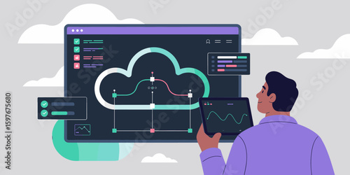 data analyst monitoring cloud performance on a dashboard vector illustration, cloud analytics, performance tracking and data visualization
