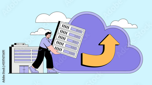 it specialist moving a server rack from an office to the cloud vector illustration, cloud migration, data transfer and digital infrastructure transformation