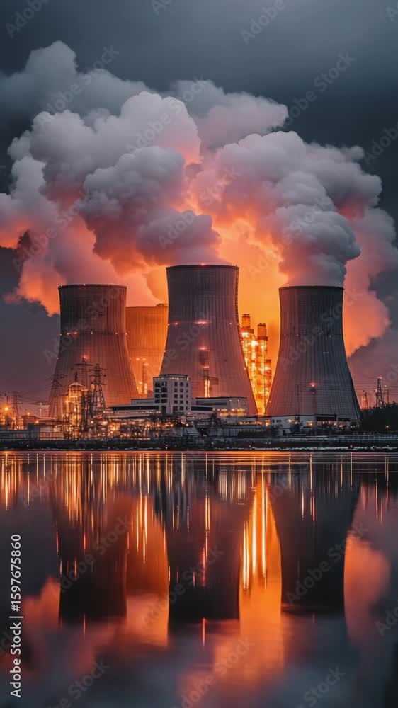 Nuclear Power Plant with Steam and Cooling Towers, Industry, Energy, Power Station, Smoke, and Power Nuclear Power Plant with Steam and Cooling Towers, Industry, Energy, Power Station, Smoke, and Power