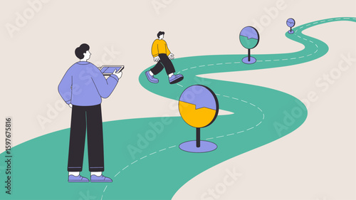 designer mapping a user's journey on a winding path vector illustration, user flow, journey mapping and customer path analysis