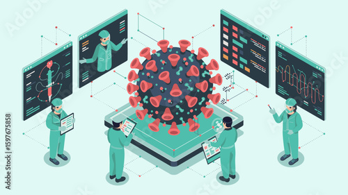 team of scientists analyzing a large virus model with data screens isometric vector illustration, virology research, pandemic data analysis and vaccine development