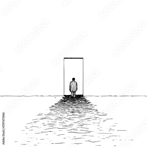 A lone figure in a suit stands before a bright doorway with water flowing towards them in black and white art
