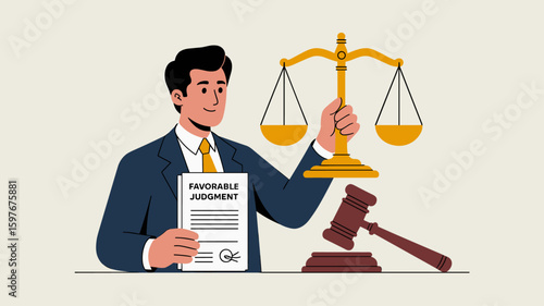 lawyer holding favorable judgment document and scales of justice vector illustration, winning a legal settlement, courtroom success and justice system victory