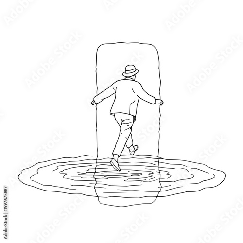A man in a hat and suit walks through a doorway reflected in water with ripples in a line drawing style