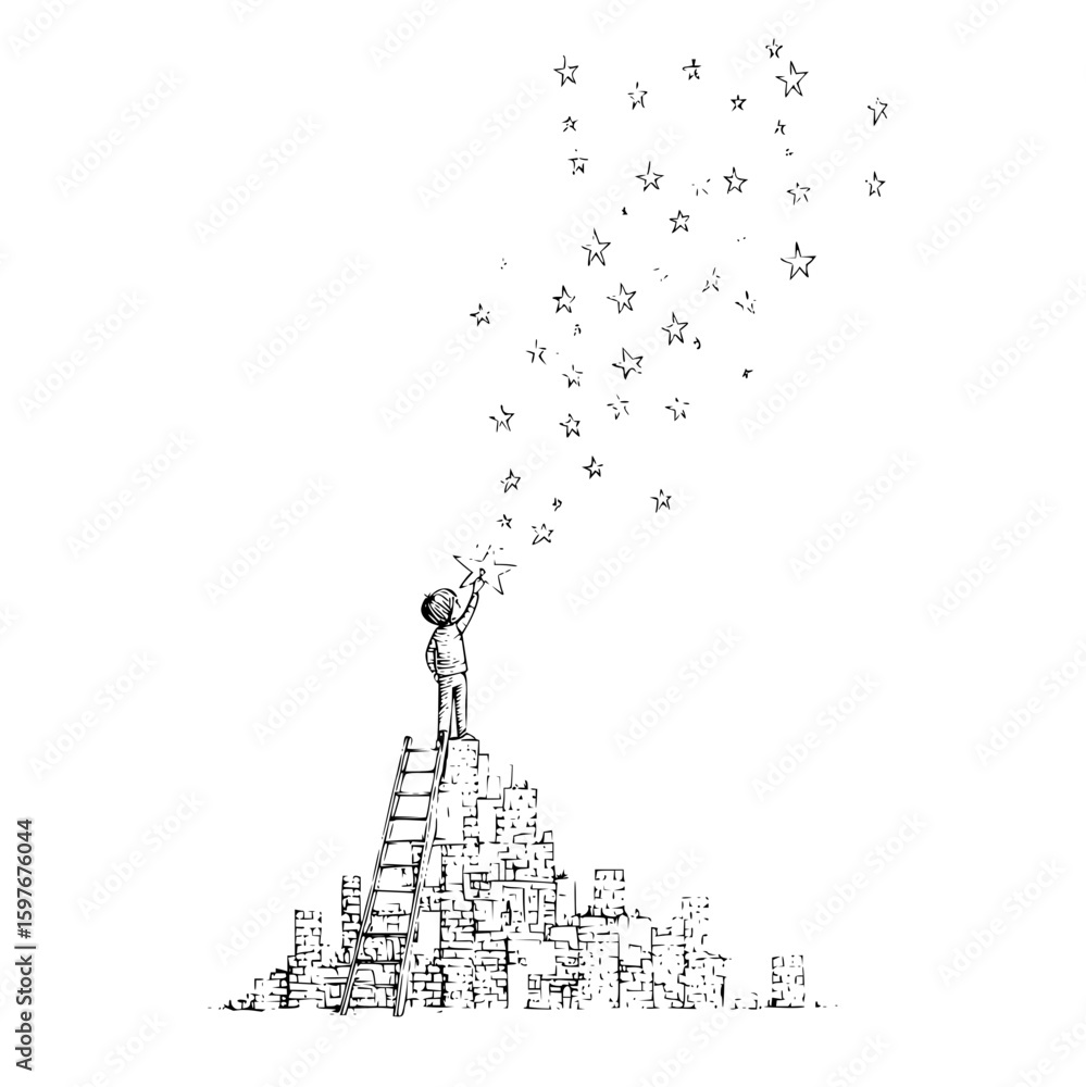 Obraz premium A boy on a ladder reaching for stars above a city made of blocks in a black and white sketch style