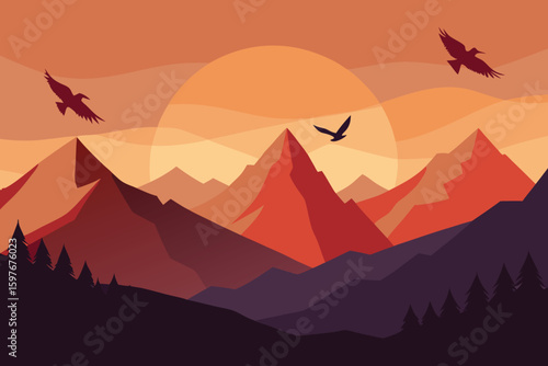 Mountain Sunset Vector Landscape: Birds Flying Over Peaks, Minimalist Nature Illustration, Orange & Purple Hues, Scenic Wallpaper