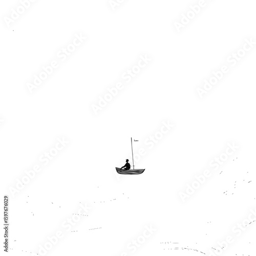 Silhouette of a person sailing in a small boat with a flag on a vast white expanse of water surface
